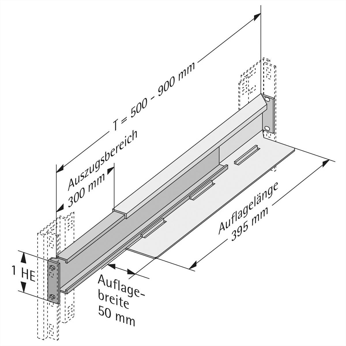 Ein Diagramm eines verstellbaren Schienensystems mit Maßangaben: Ausdehnungsbereich 300mm, Tiefe 500-900mm, Stützenlänge 395mm, Stützenbreite 50mm.