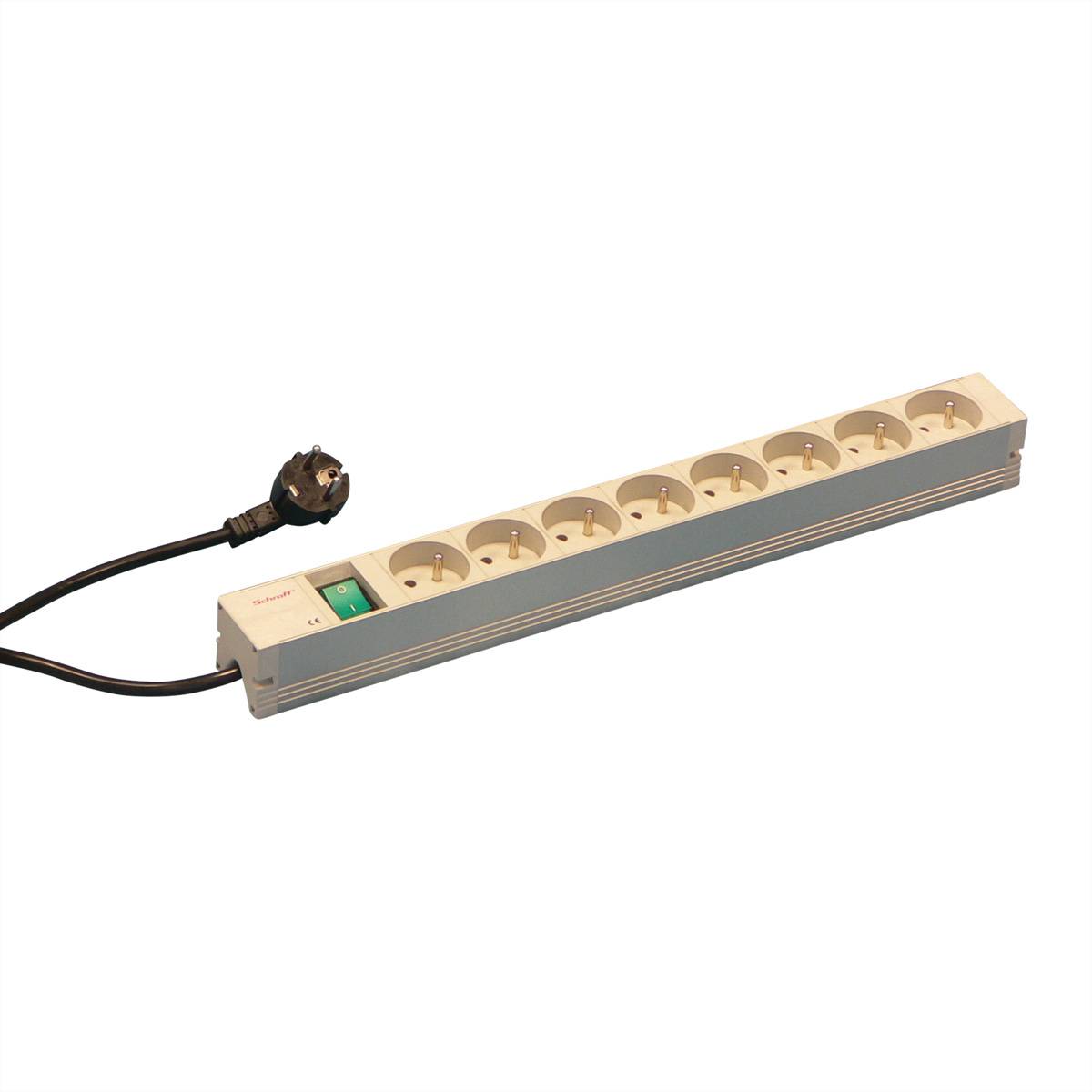 Eine Steckerleiste mit acht Steckdosen und einem schwarzen Stromkabel, mit einem Ein-/Ausschalter an der Seite.