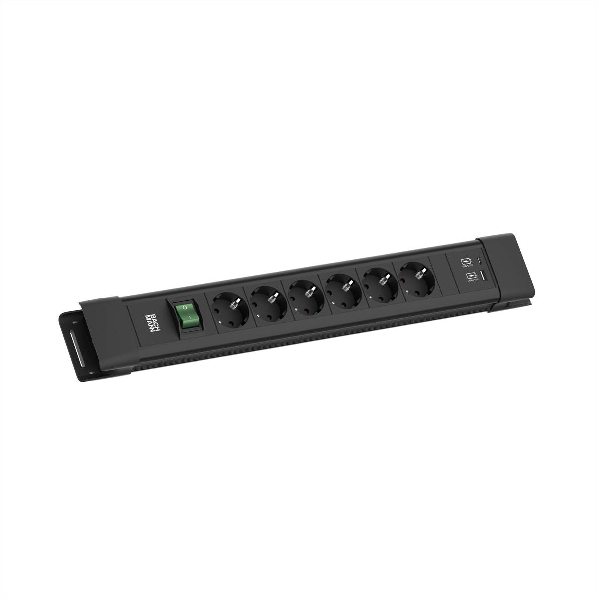Ein langes, schwarzes Stromverteilersystem mit acht Steckdosen, einem grünen Schalter und USB-Anschlüssen, geeignet für europäische Stecker, konzipiert für elektronische Geräte.
