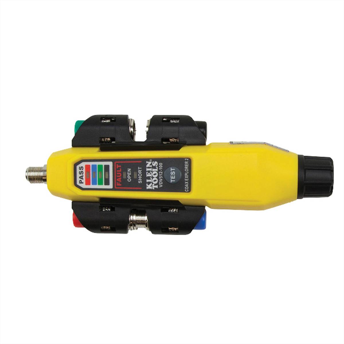 Ein gelbes Klein Tools Koaxialkabel-Testgerät, das 