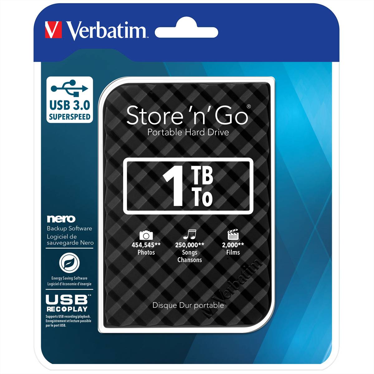 Verbatim Store 'n' Go tragbares Festplattenlaufwerk, 1 TB, USB 3.0, inklusive Nero Backup Software. Speichert 454.545 Fotos, 250.000 Lieder.