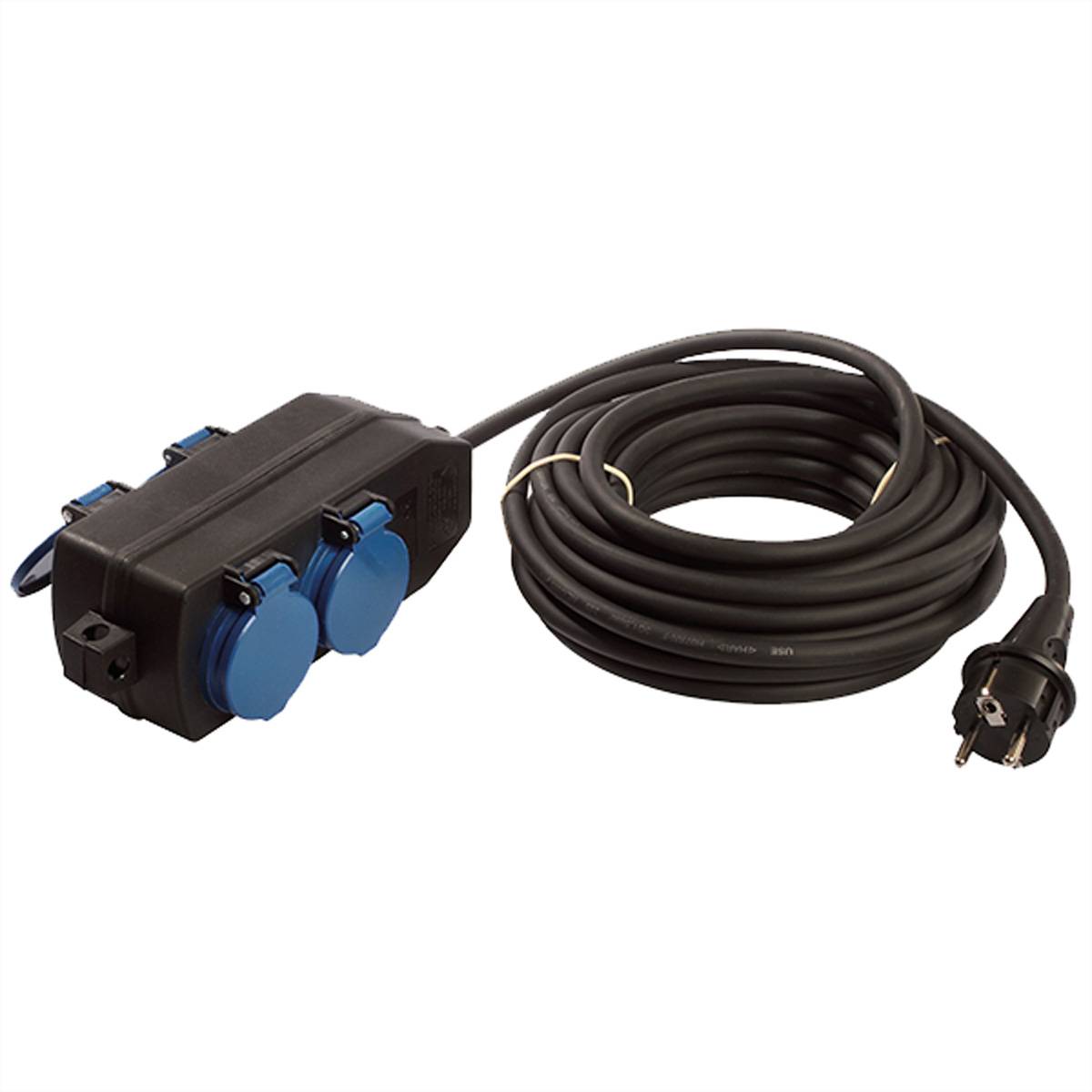 Ein schwarzes Stromverlängerungskabel mit drei blauen Steckdosen und einem Stecker, aufgerollt neben der Steckdosenleiste, geeignet für den Außenbereich.