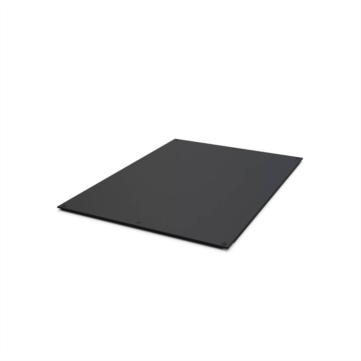 Ein schwarzes, flaches rechteckiges Panel, das vor einem einfachen weißen Hintergrund gezeigt wird und sein minimalistisches und elegantes Design hervorhebt.