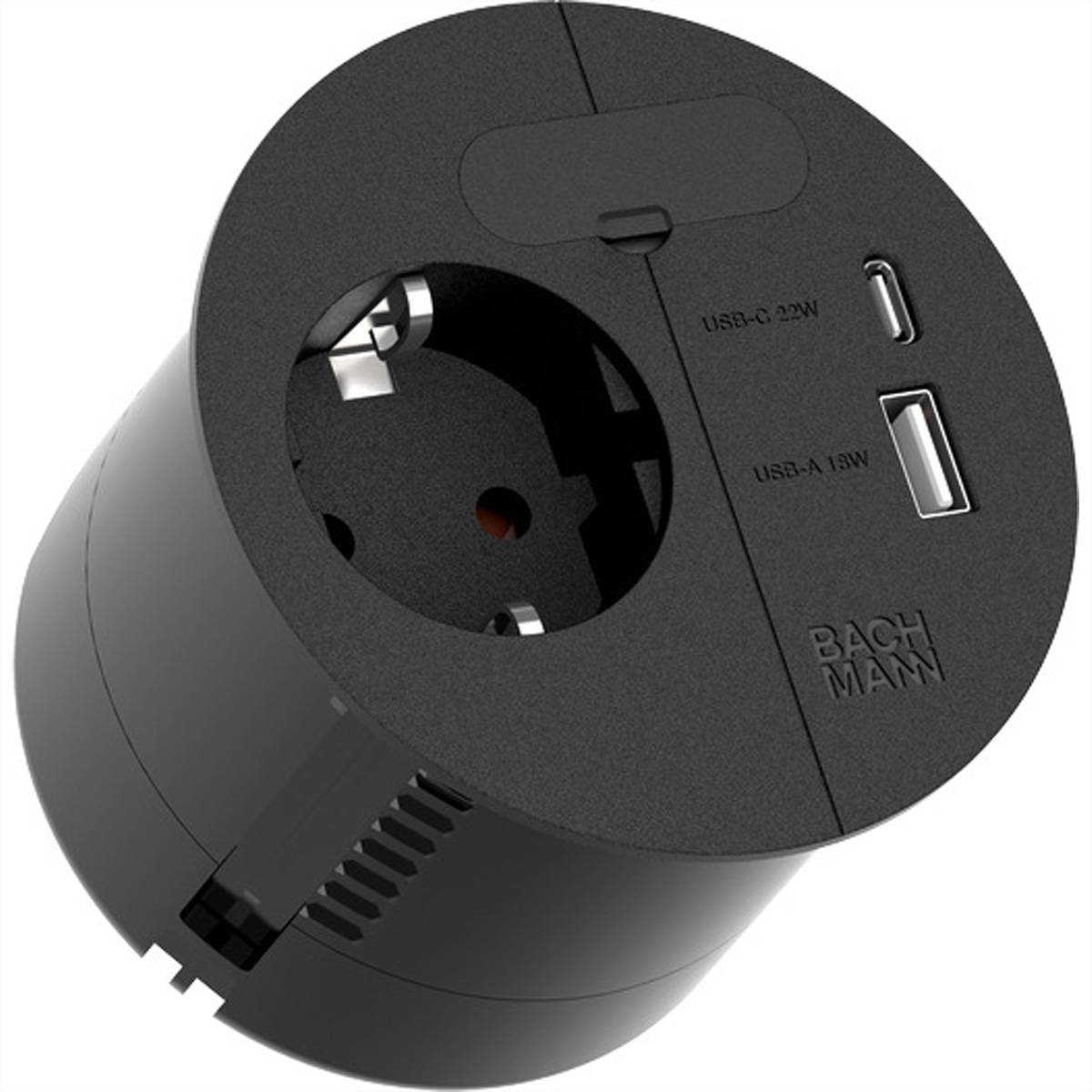 Eine schwarze tragbare Stromsteckdose mit einer Steckdose und zwei USB-Anschlüssen mit der Kennzeichnung USB-C 27W und USB-A 18W, entwickelt für vielseitiges Aufladen.