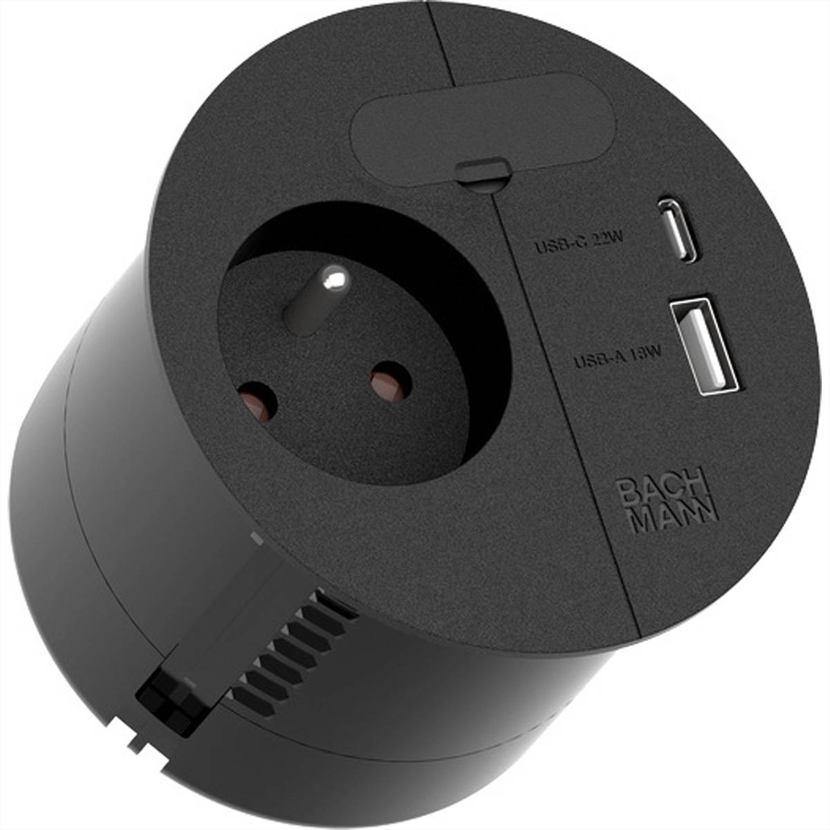 Schwarzes Steckdosenmodul mit einer Standard-Steckdose, USB-C 22W und USB-A 18W Anschlüssen, mit der Bezeichnung 'Bachmann' auf der Seite.