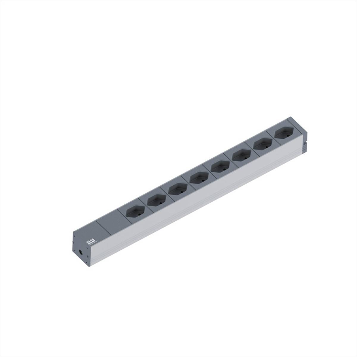 Ein horizontales Stromverteiler mit acht Steckdosen wird vor einem einfachen weißen Hintergrund gezeigt. Das Design ist schlicht und modern.