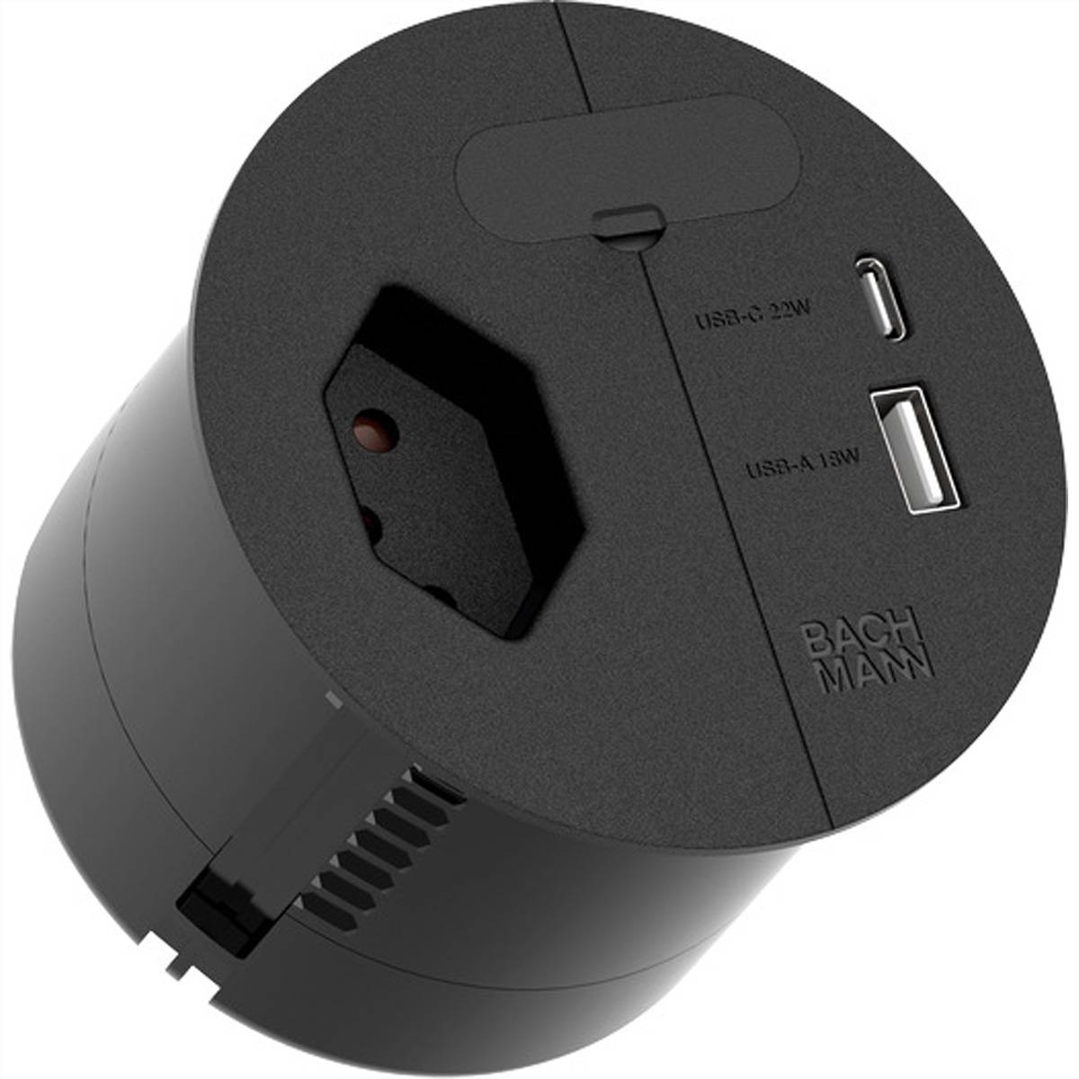 Eine runde, schwarze Steckdose mit einer Standard-Steckbuchse und zwei USB-Anschlüssen, gekennzeichnet mit 