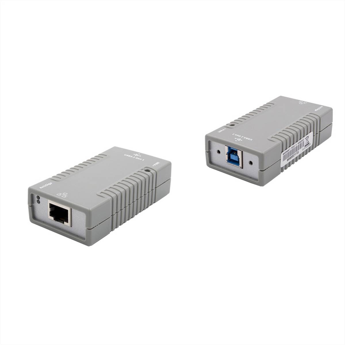 Zwei graue Netzwerkadapter, jeder mit einem Ethernet-Anschluss am Ende, von verschiedenen Winkeln auf weißem Hintergrund dargestellt.
