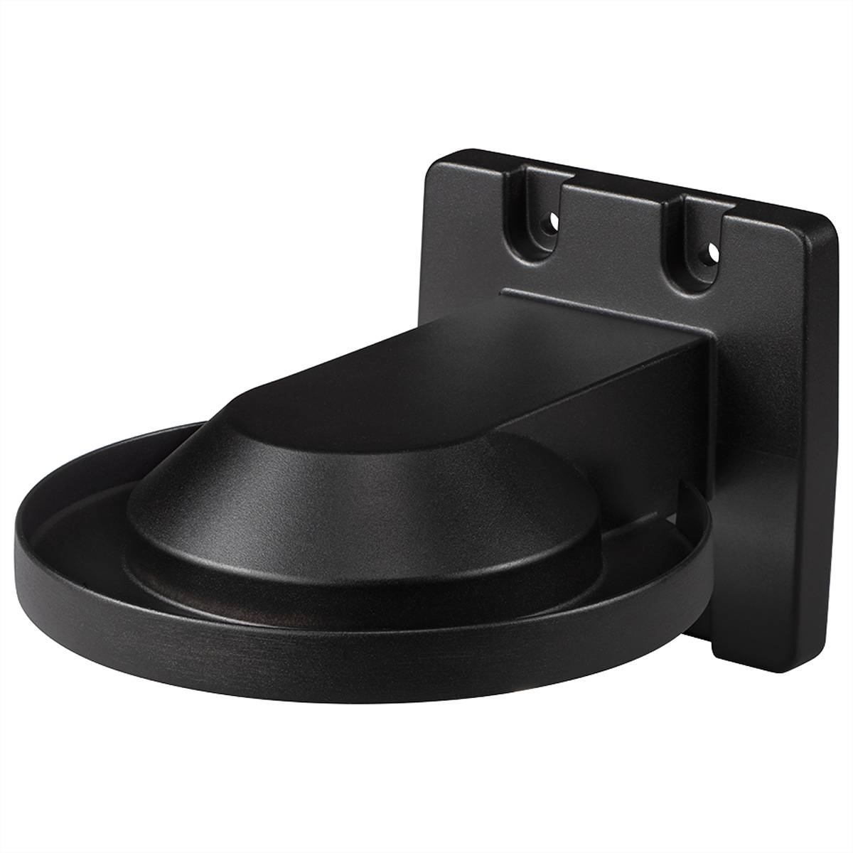 Eine schwarze Wandhalterung für die Installation einer Überwachungskamera, mit einer kreisförmigen Basis und zwei Schraubenlöchern für die Befestigung.
