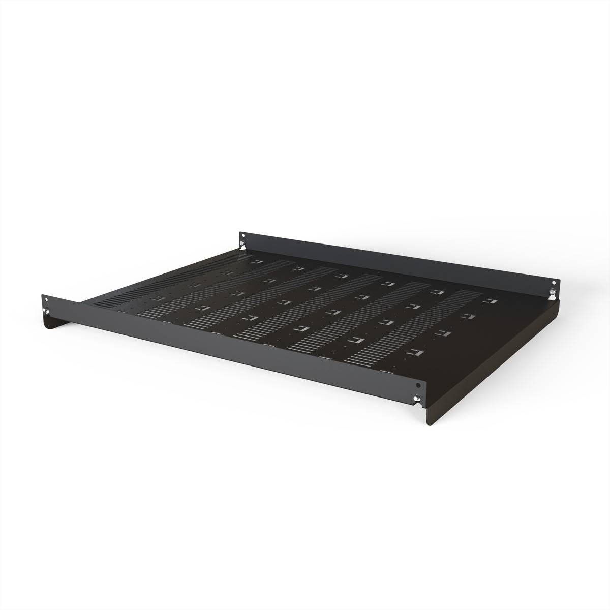 Ein schwarzes Metall-Rackmontagregal mit Belüftungsschlitzen, das zum Tragen und Halten von Ausrüstung in einem Serverrack oder Schrank konzipiert ist.