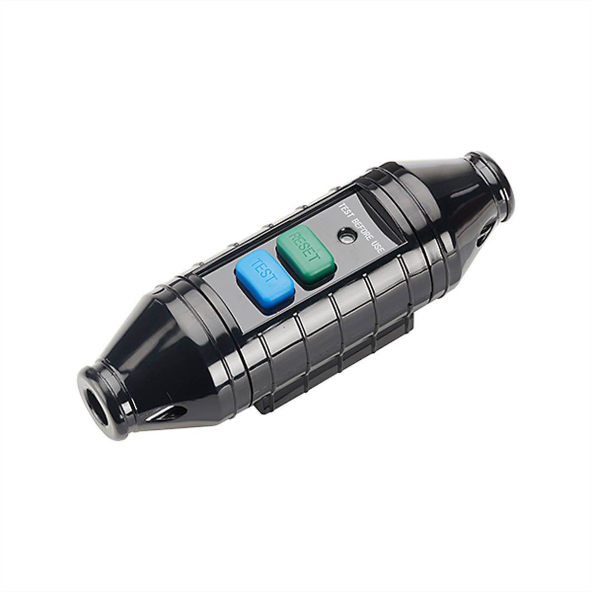 Ein schwarzer zylindrischer tragbarer Leitungsschutzschalter mit einem grünen „ZURÜCKSETZEN