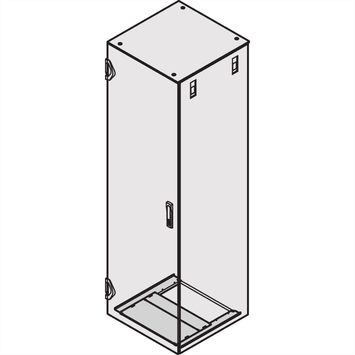 Hoher rechteckiger Schrank mit mehreren Griffen und Verschlüssen, der interne Regale und Fächer zeigt. Wirkt industriell oder zweckmäßig ausgerichtet.