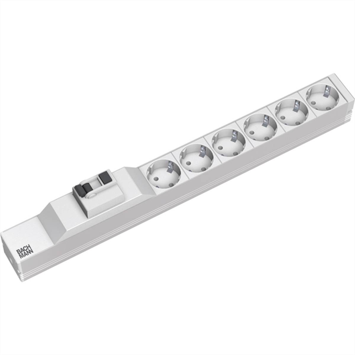 Ein weißer Überspannungsschutz mit fünf Steckdosen und einem Netzschalter, entwickelt für elektrische Geräte im Innenbereich.