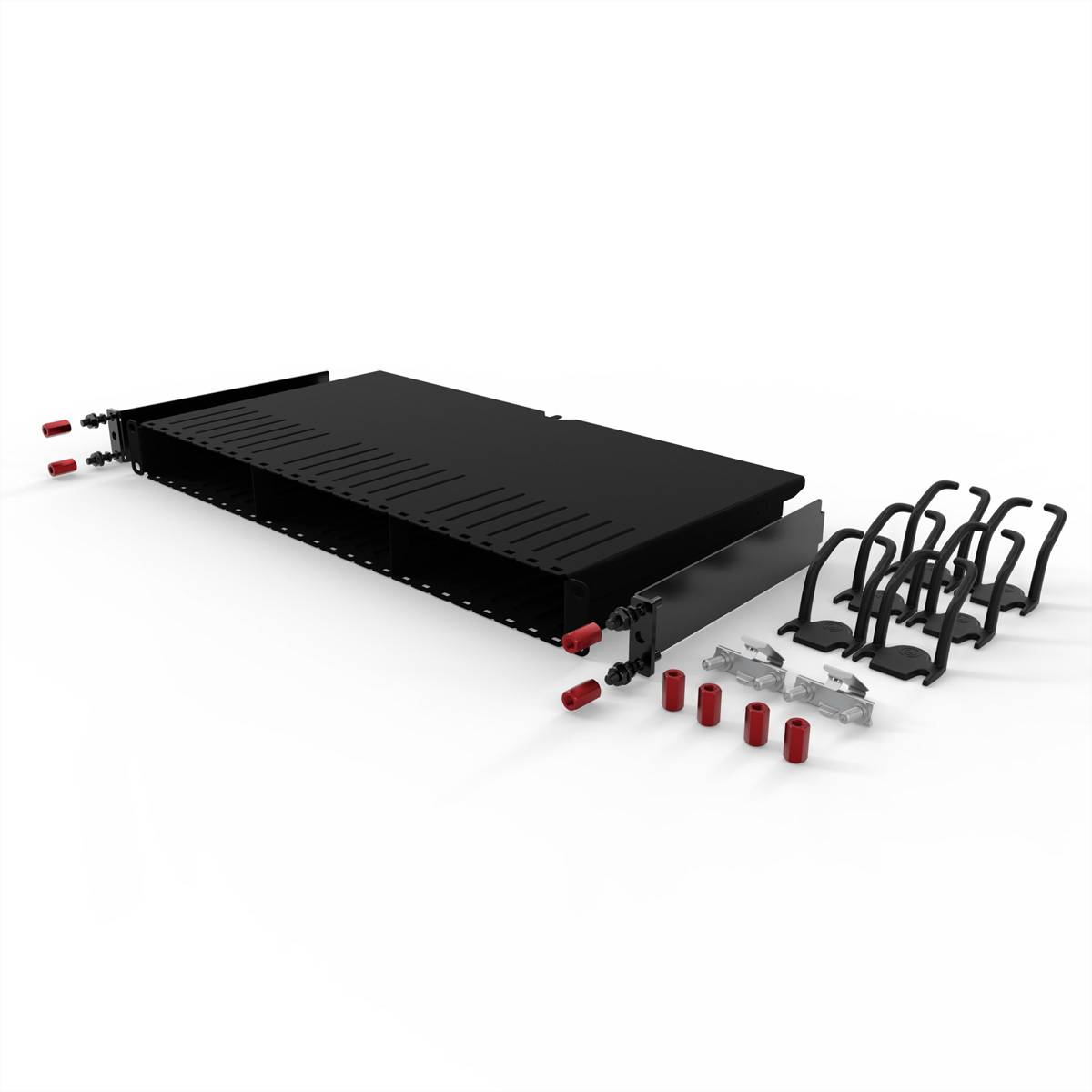 Serverrack-Montageklammern und Kabelmanagement-Zubehör auf Anzeige: umfasst schwarzes Metallablage, rote Schraubenkappen und Kabelhalter.