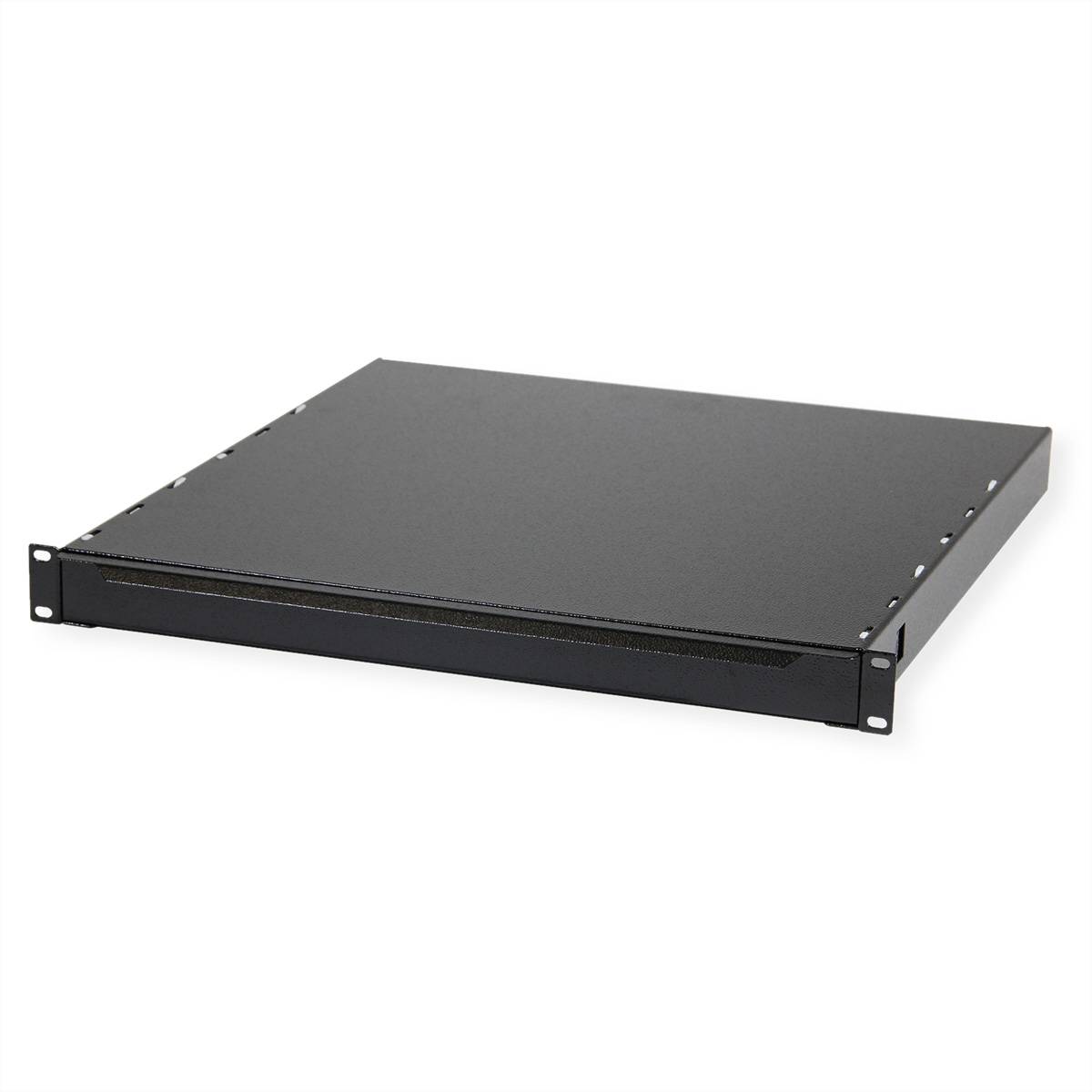 Ein schwarzes Serverrack-Regal zur Organisation von Netzwerkausrüstung, isoliert auf weißem Hintergrund dargestellt.