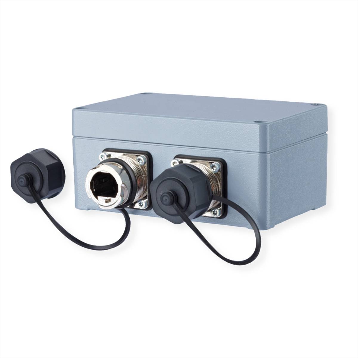 Ein rechteckiger Metall-Elektroverteilungskasten mit zwei kreisförmigen Anschlüssen auf der Vorderseite, die jeweils mit schwarzen Schutzdeckeln abgedeckt sind.