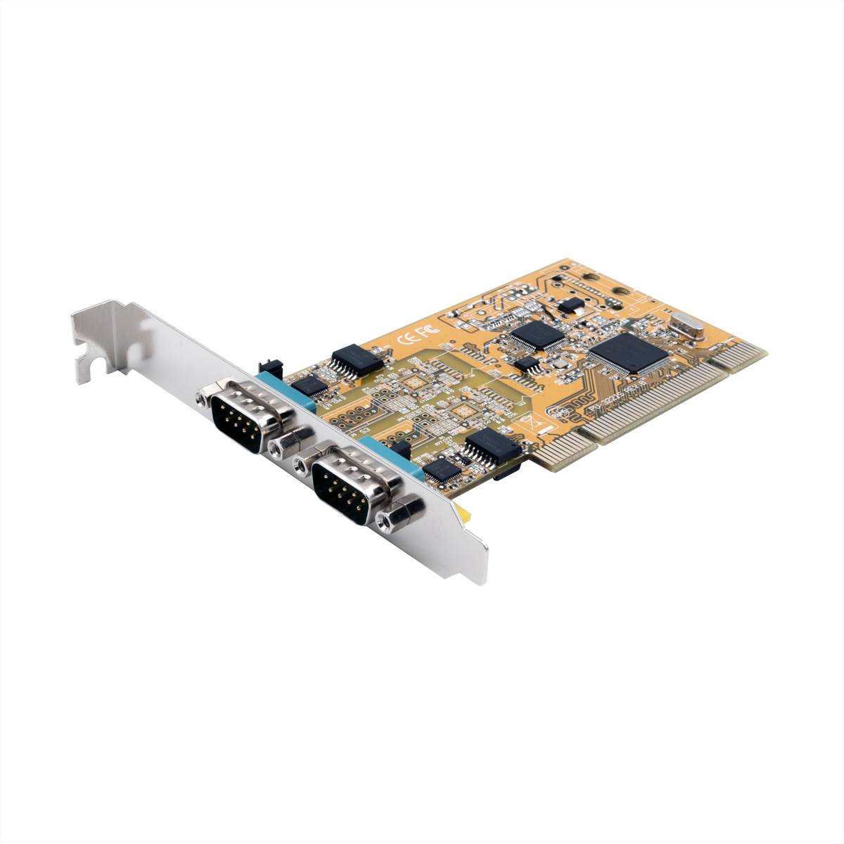 Ein Computerschaltkreisboard mit zwei seriellen Anschlüssen und integrierten Chips, entwickelt für Erweiterungssteckplätze in Desktop-Computern.