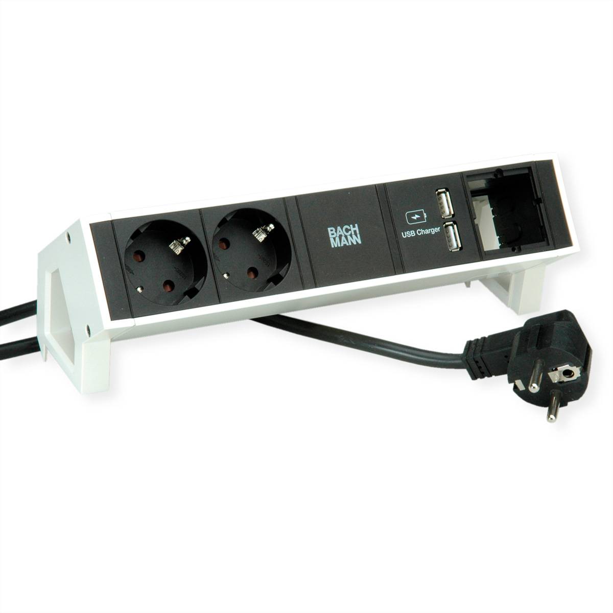 Eine Steckerleiste mit zwei EU-Steckdosen, einem USB-Ladeanschluss, einem Ethernet-Anschluss und einem Stromstecker, entwickelt für die Büronutzung.
