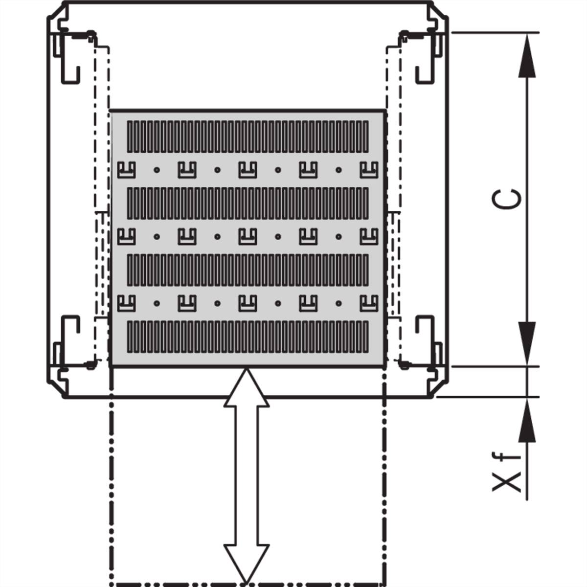 Ein technisches Diagramm, das die Abmessungen eines Wärmetauschers zeigt. Pfeile deuten auf Messungen hin, die mit 