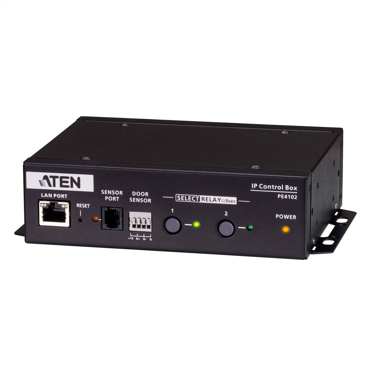 ATEN IP-Steuerungsbox Modell PE4102 mit LAN-, Sensor- und Türsensoranschlüssen; umfasst Rücksetztaste, Stromversorgungs- und Relais-Indikatoren.