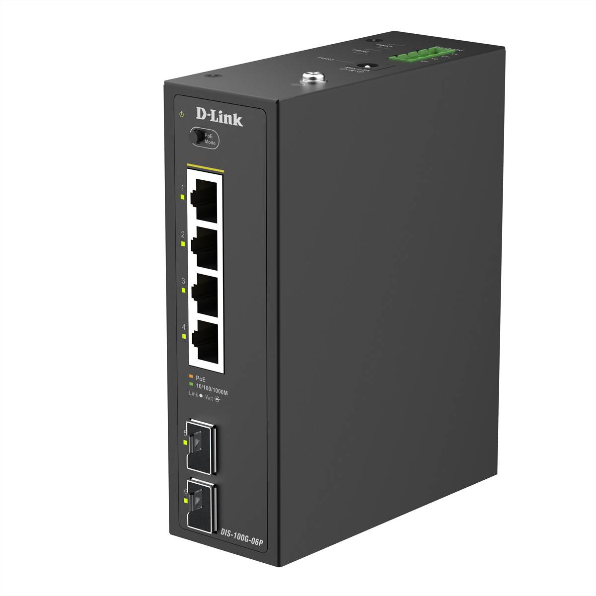 Ein industrieller D-Link Switch mit vier Ethernet-Anschlüssen und LED-Indikatoren für Stromversorgung und Konnektivität, geeignet für raue Netzwerkumgebungen.