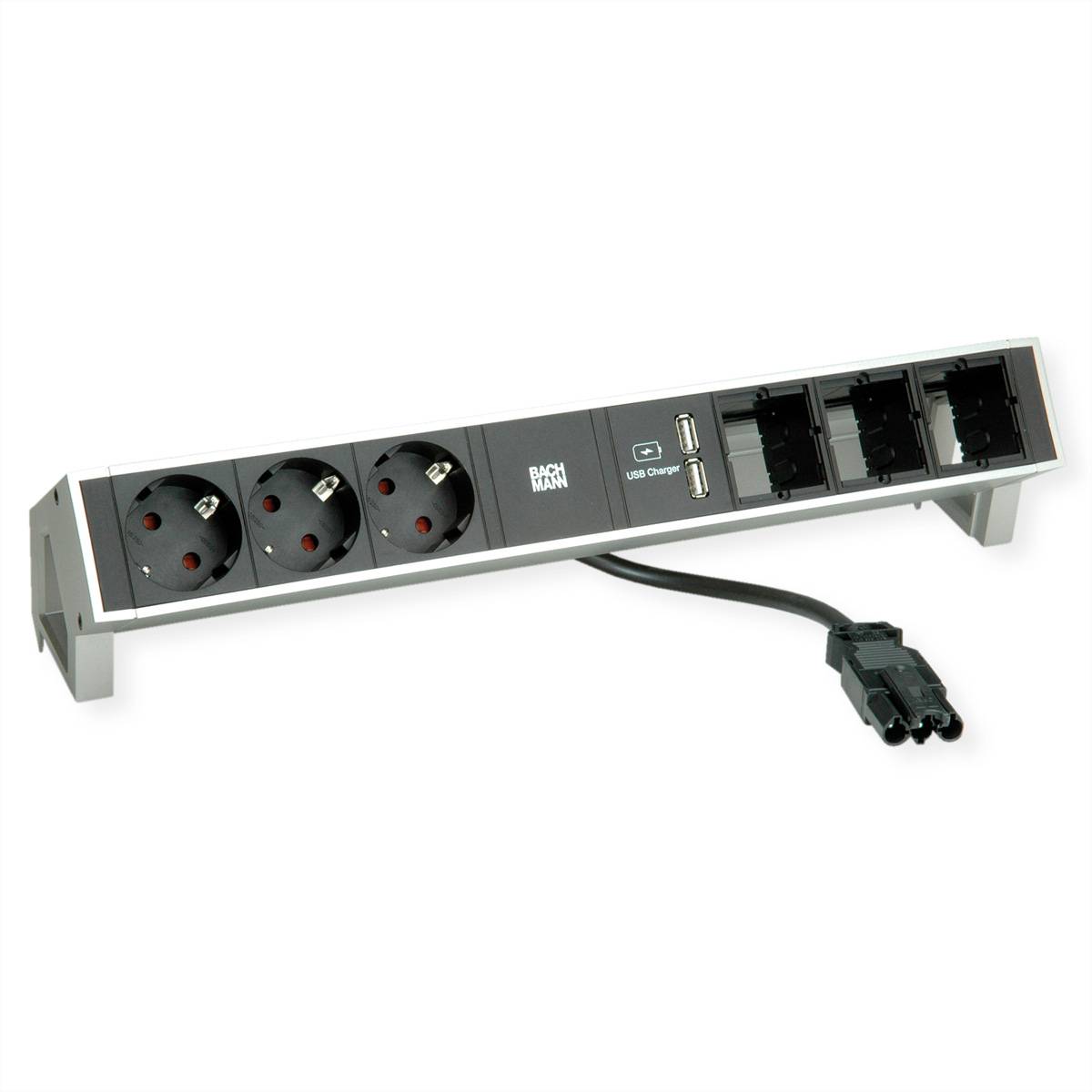 Eine Steckerleiste mit drei runden Steckdosen, USB-Ladeanschlüssen und Ethernet-Verbindungen. Inklusive Stromkabel mit Stecker.