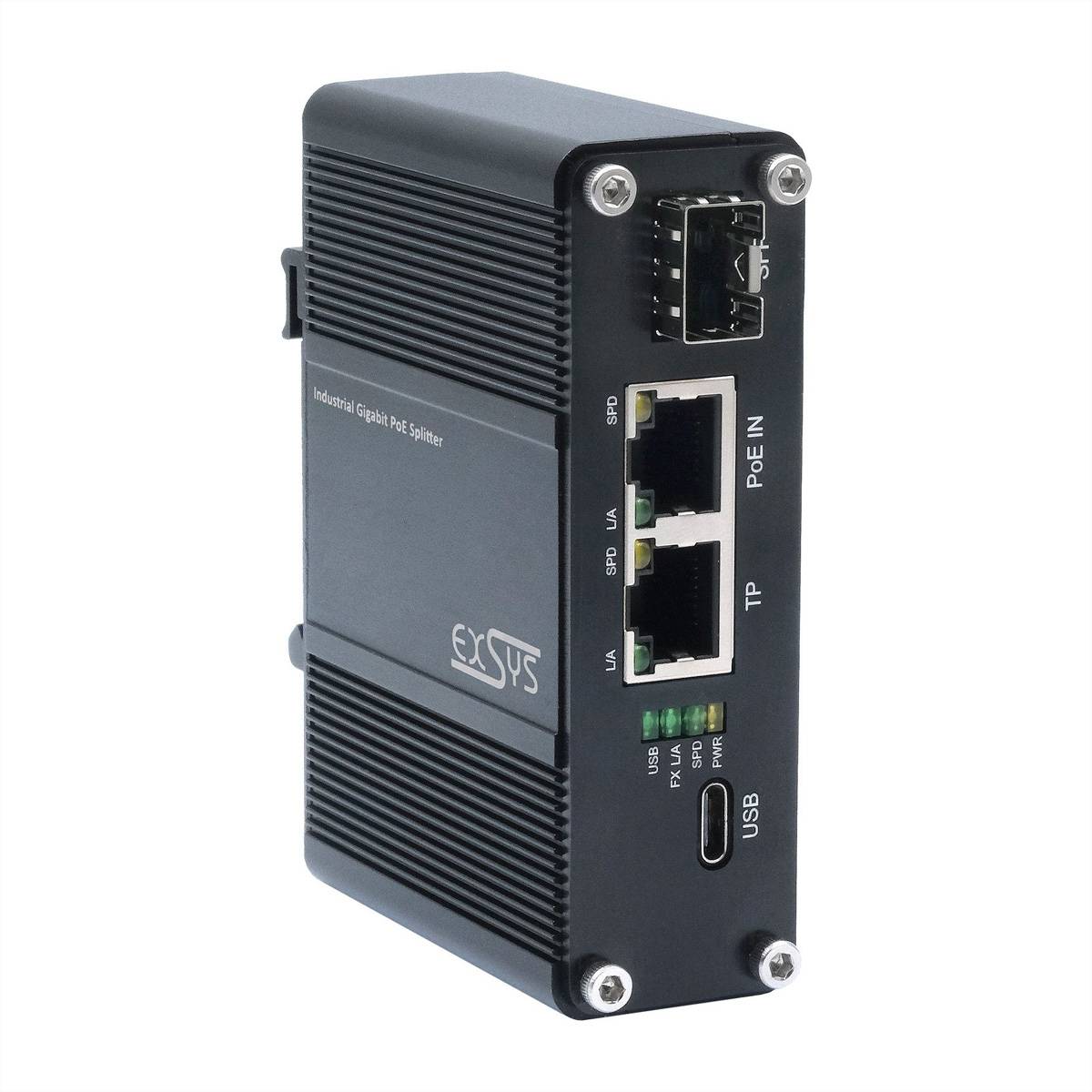 Ein Ethernet-Splitter in Industriequalität mit zwei Anschlüssen, einem USB-Anschluss und einem Power-over-Ethernet-(PoE)-Eingang, untergebracht in einem schwarzen Metallgehäuse.