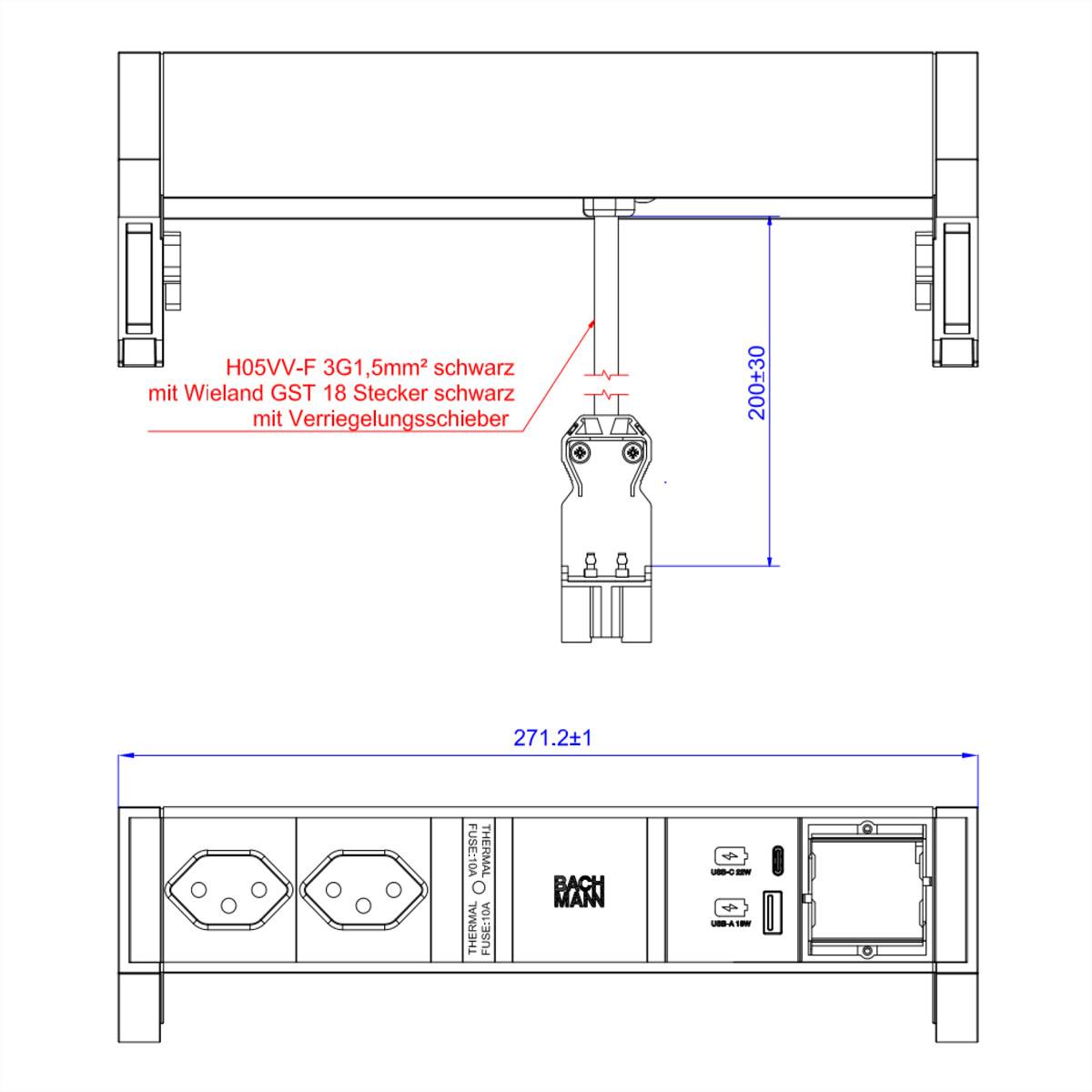 Diagramm einer Stromverteilungsleiste von oben und von vorne. Es umfasst verschiedene europäische Steckdosen und Schalteroptionen mit beschrifteten Abmessungen.