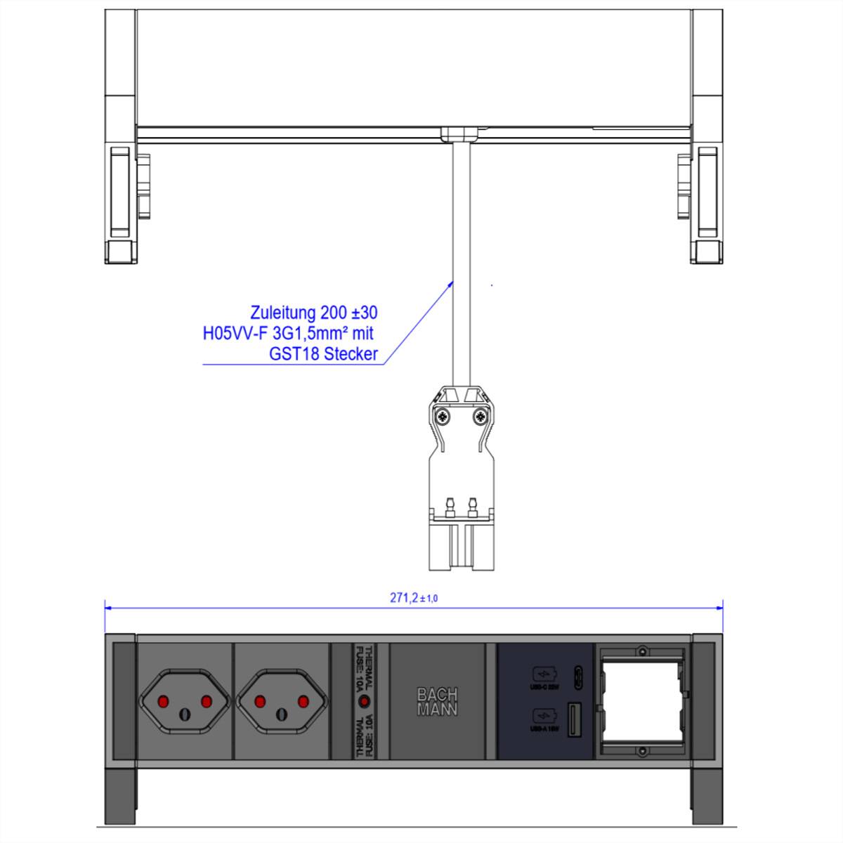 Technische Zeichnung einer Stromverteilungseinheit mit den Abmessungen 271,2 x 110 mm. Sie umfasst Steckdosen und einen Stecker mit der Bezeichnung „Zuleitung 200 ±30 H05VV-F 3G1,5mm² mit GST18 Stecker