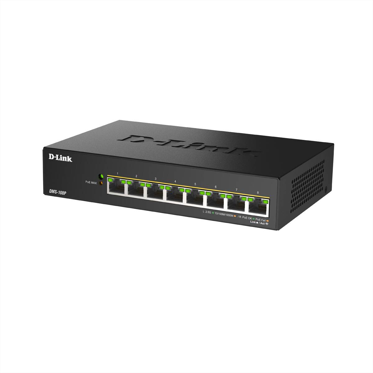 D-Link DGS-1008P Netzwerk-Switch mit acht Ethernet-Anschlüssen und LED-Indikatoren, entwickelt für nahtlose Konnektivität in kleinen Netzwerken.