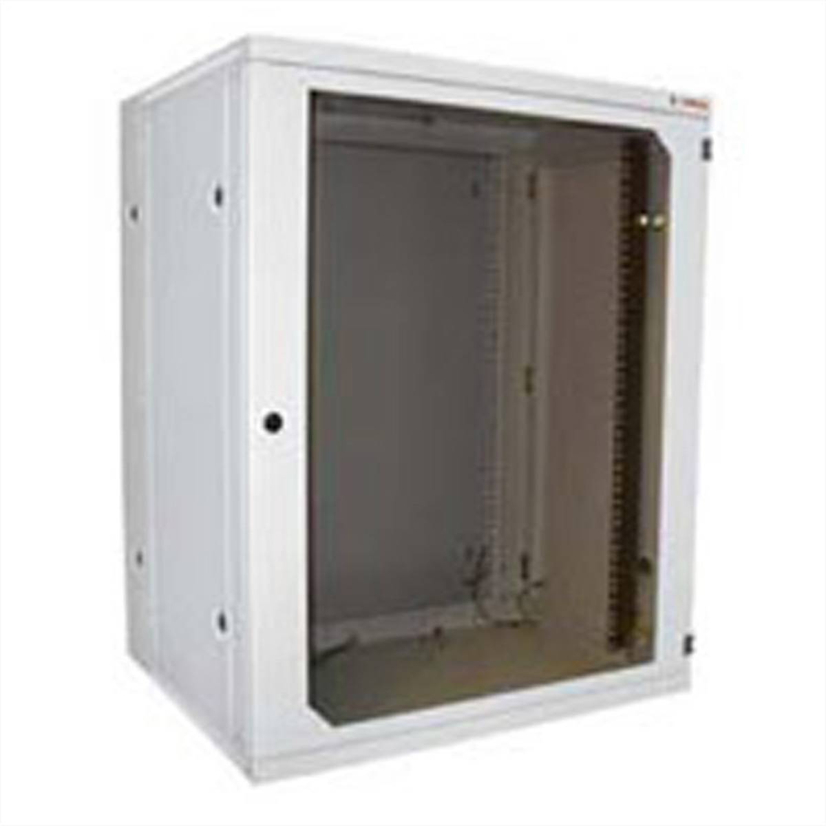 Ein weißes wandmontiertes Serverregal mit einer Glastür an der Vorderseite, die leicht geöffnet ist und einen leeren Innenraum zeigt, der für Netzwerkgeräte vorgesehen ist.