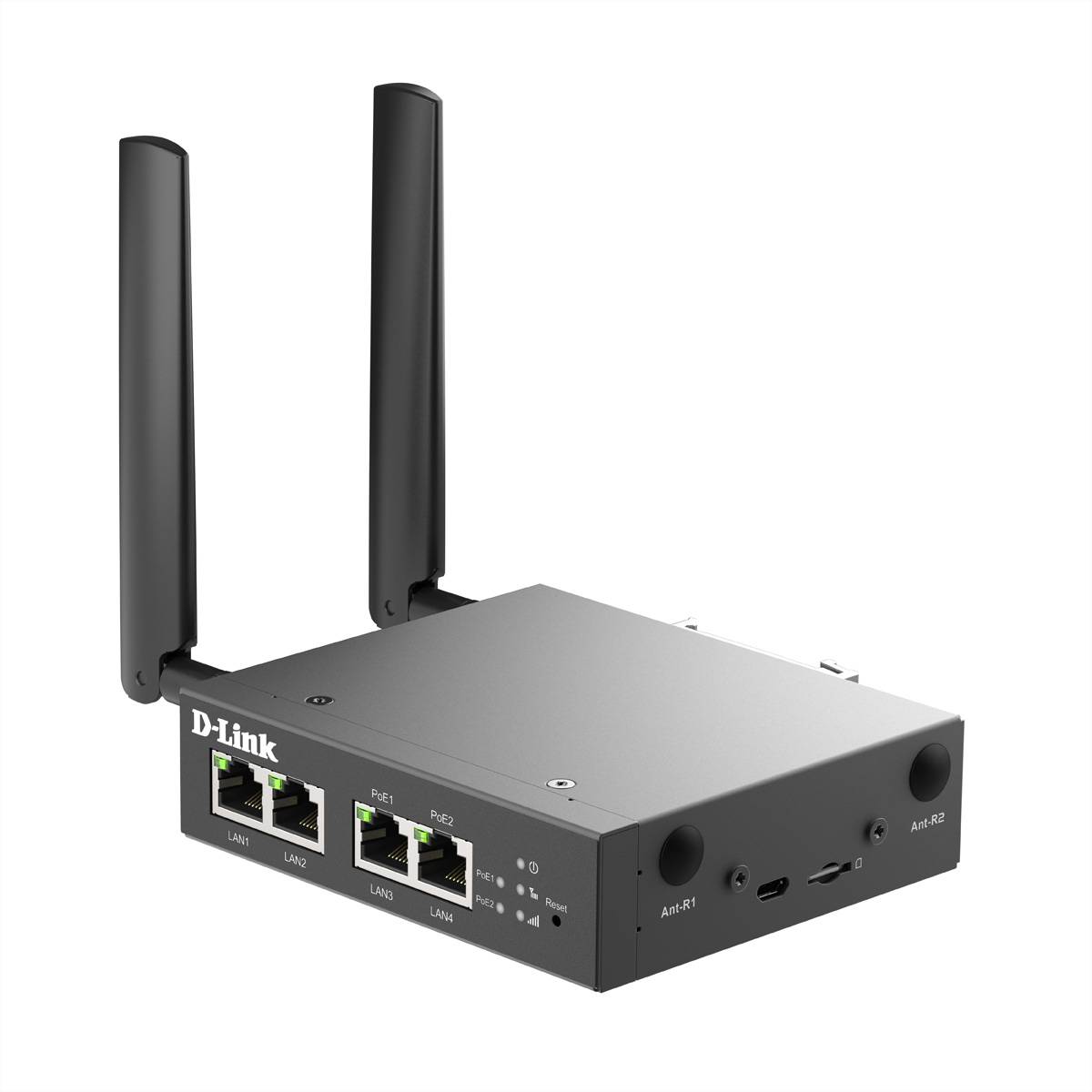 Ein schwarzer, rechteckiger D-Link-Router mit zwei Antennen und vier Ethernet-Anschlüssen an der Seite, entwickelt für hochgeschwindigkeitsfähige Internetverbindungen.