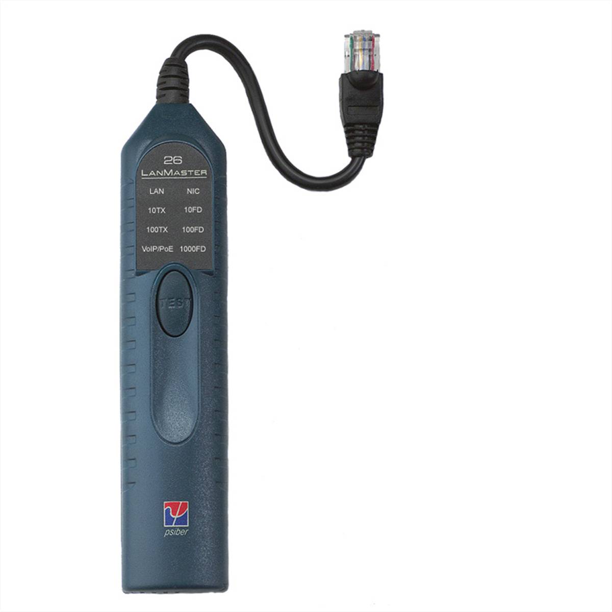 Ein tragbarer Netzwerkkabeltester mit einem kurzen schwarzen Kabel, das in einen Ethernet-Stecker endet, mit mehreren LED-Indikatoren und mit der Bezeichnung „LANMaster