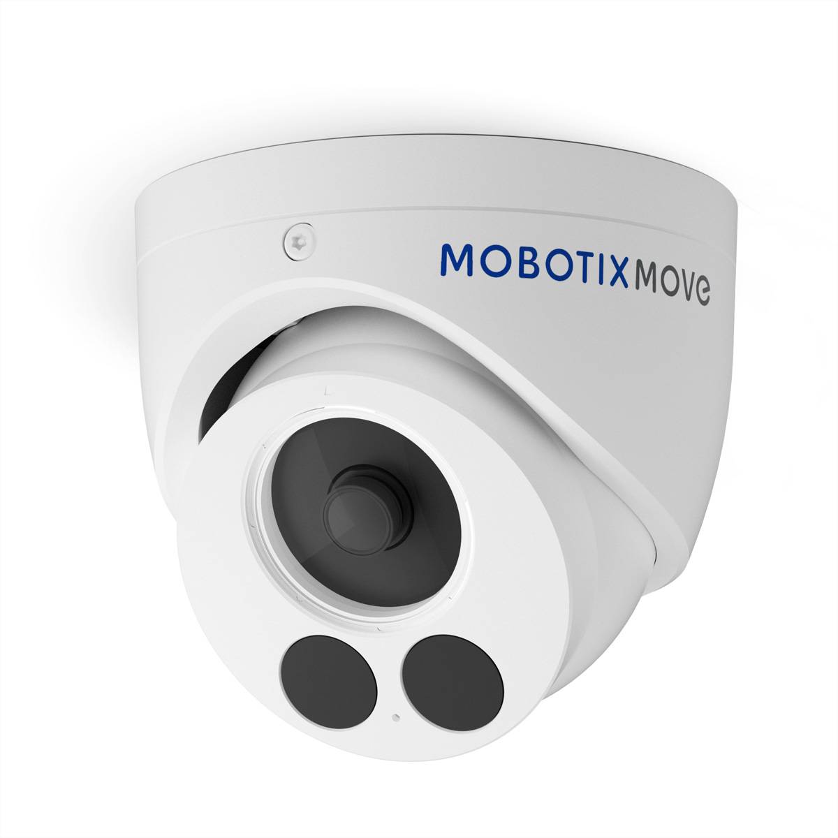 Eine weiße Kuppel-Sicherheitskamera mit der Bezeichnung „Mobotix Move