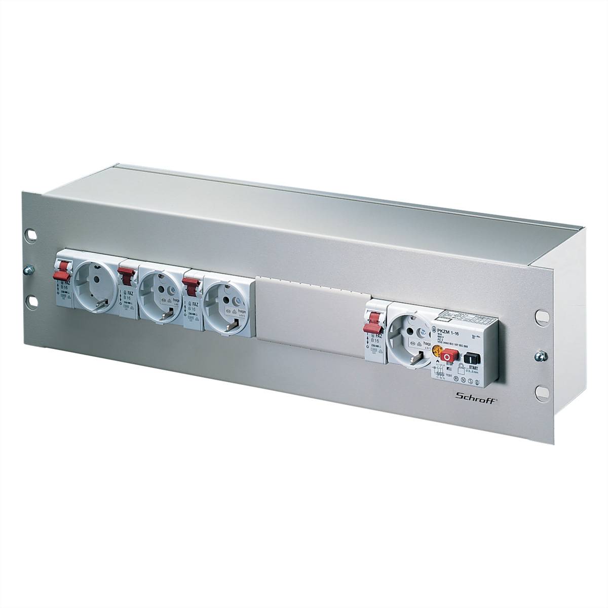 Eine Metallstromverteilungseinheit mit vier Stromsteckdosen und Schaltern auf der linken Seite sowie einem Bedienfeld auf der rechten Seite. Geeignet für den industriellen Einsatz.