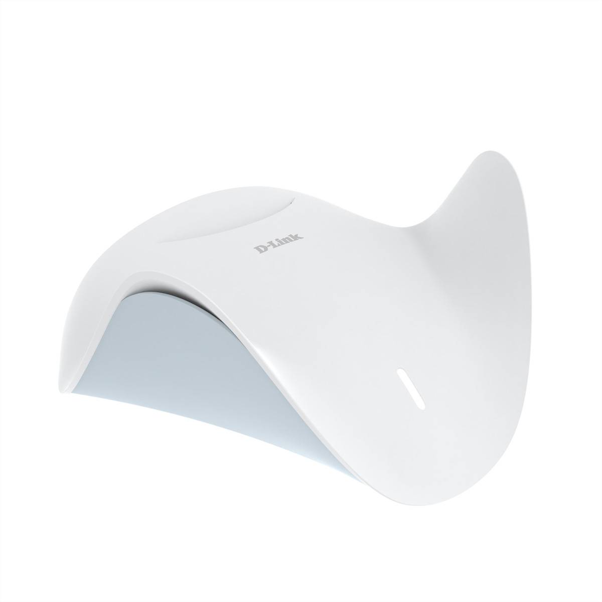 Ein schlanker, moderner weißer Router mit geschwungenen, aerodynamischem Design, mit dem Markennamen 'D-Link' oben.