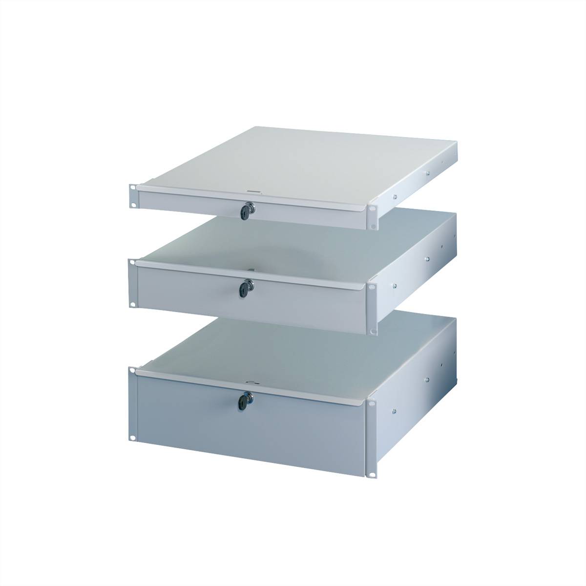 Drei graue Metallserver-Rack-Einheiten, vertikal übereinander gestapelt, jeweils mit einem Frontpanel und einem Schlüsselloch für sicheren Zugriff.