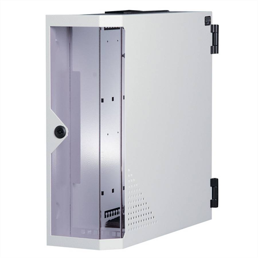 Eine weiße Serverschrank-Wandhalterung mit Vordertür, Seitenlüftungsschlitzen und internen Halterungen für die Geräteinstallation, geöffnet dargestellt.