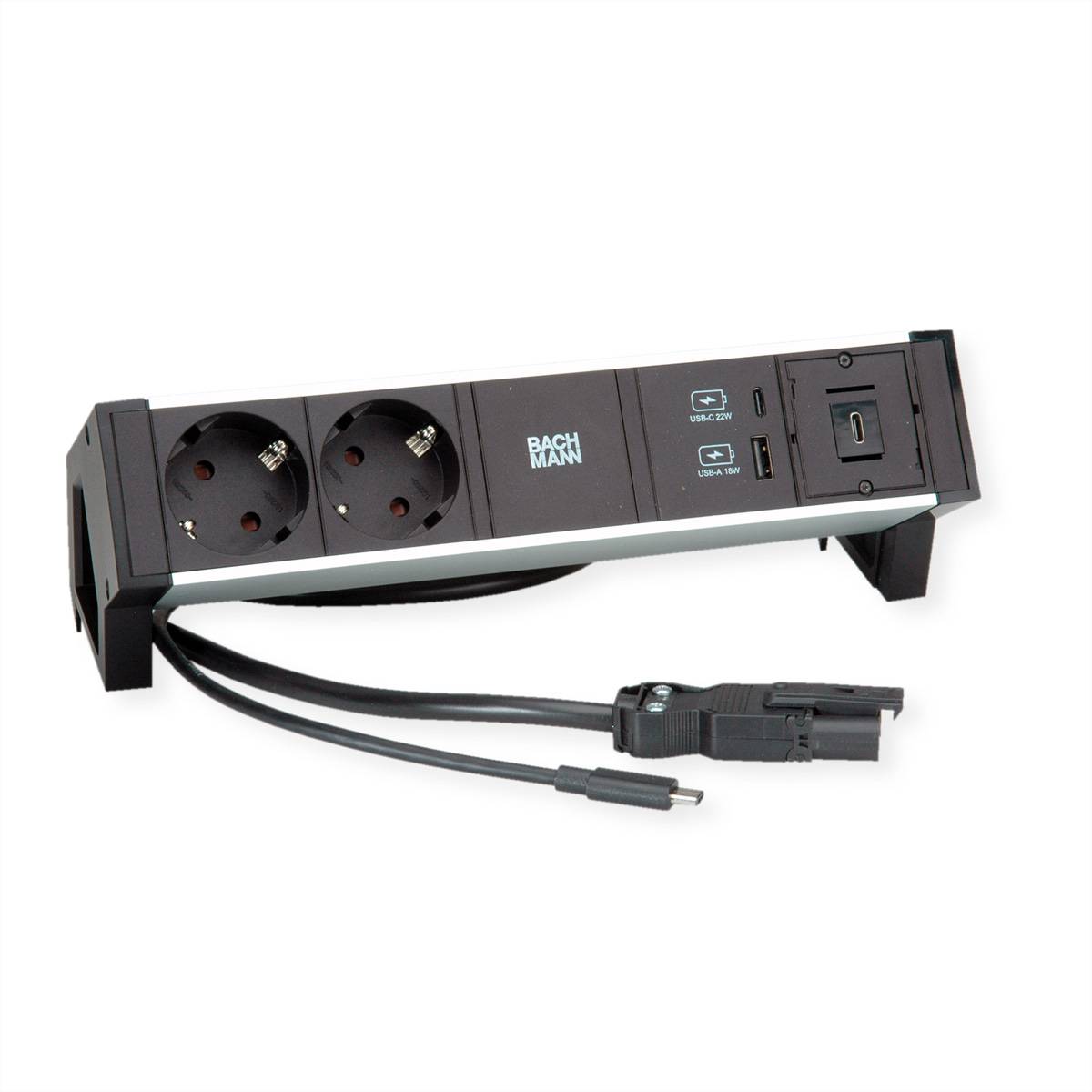Ein schwarzes Steckerleistenset mit zwei europäischen Steckdosen, einem USB-Anschluss, einem zusätzlichen Stecker und mit der Aufschrift „Bach
