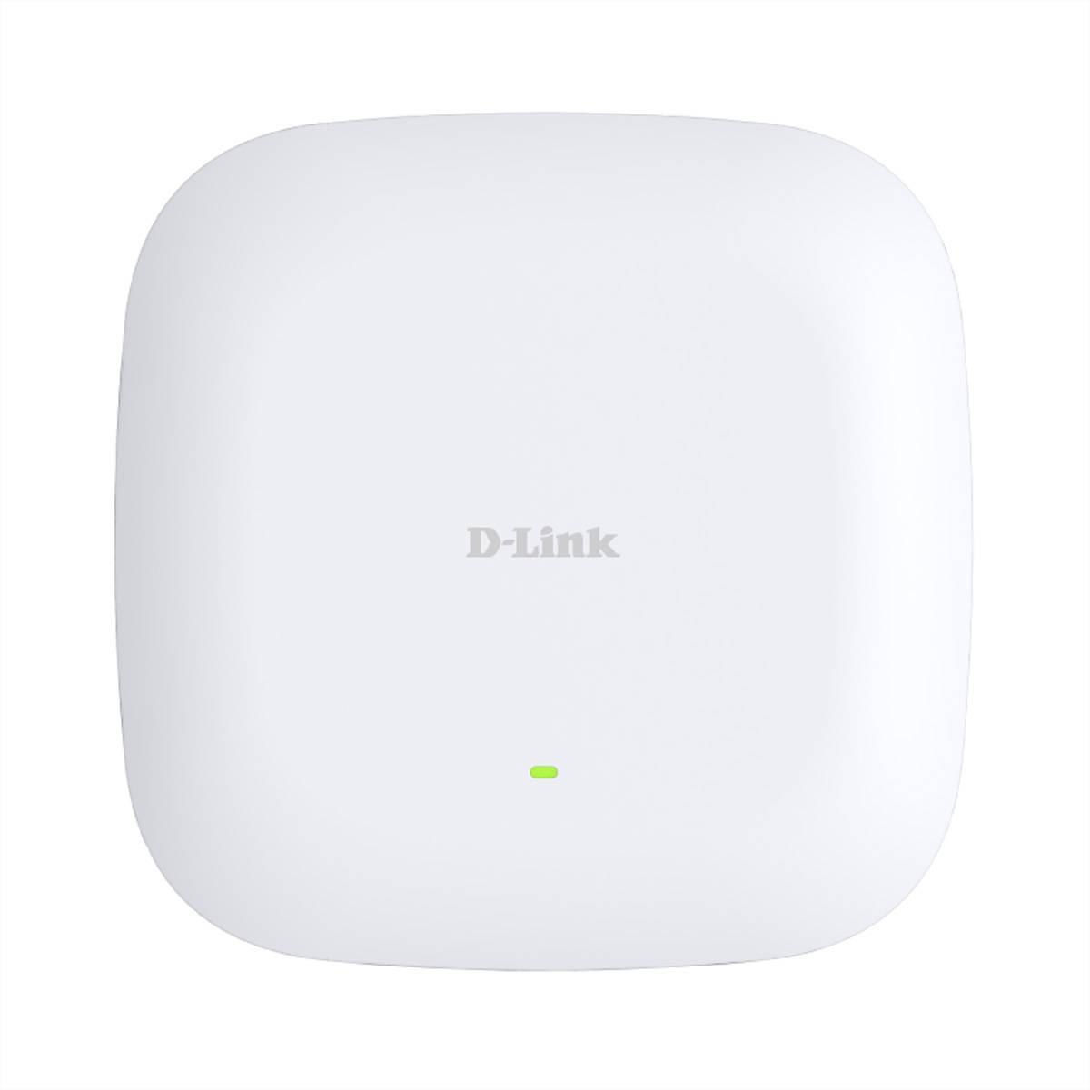 Ein weißer, quadratischer D-Link-Wireless-Zugangspunkt mit abgerundeten Kanten und einer kleinen, grünen Anzeigelampe in der Mitte.