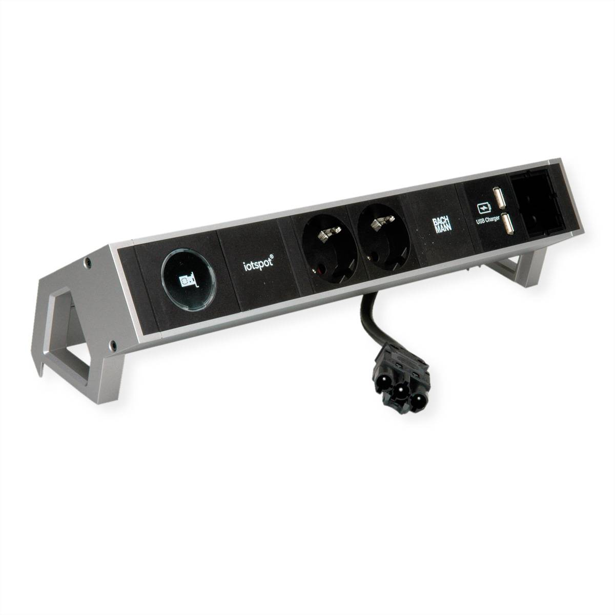 Stilvoller aufklappbarer Tischstromverteiler mit zwei Steckdosen, einem USB-Anschluss und HDMI-Verbindung, ideal für moderne Konferenzräume.