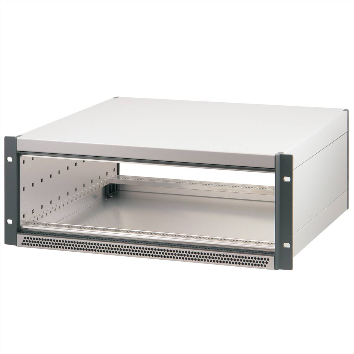 Ein Metallrack-Gehäuse mit perforiertem Frontpanel, geeignet zur Unterbringung von elektronischen Geräten, zeigt seine Front- und Seitenansicht.