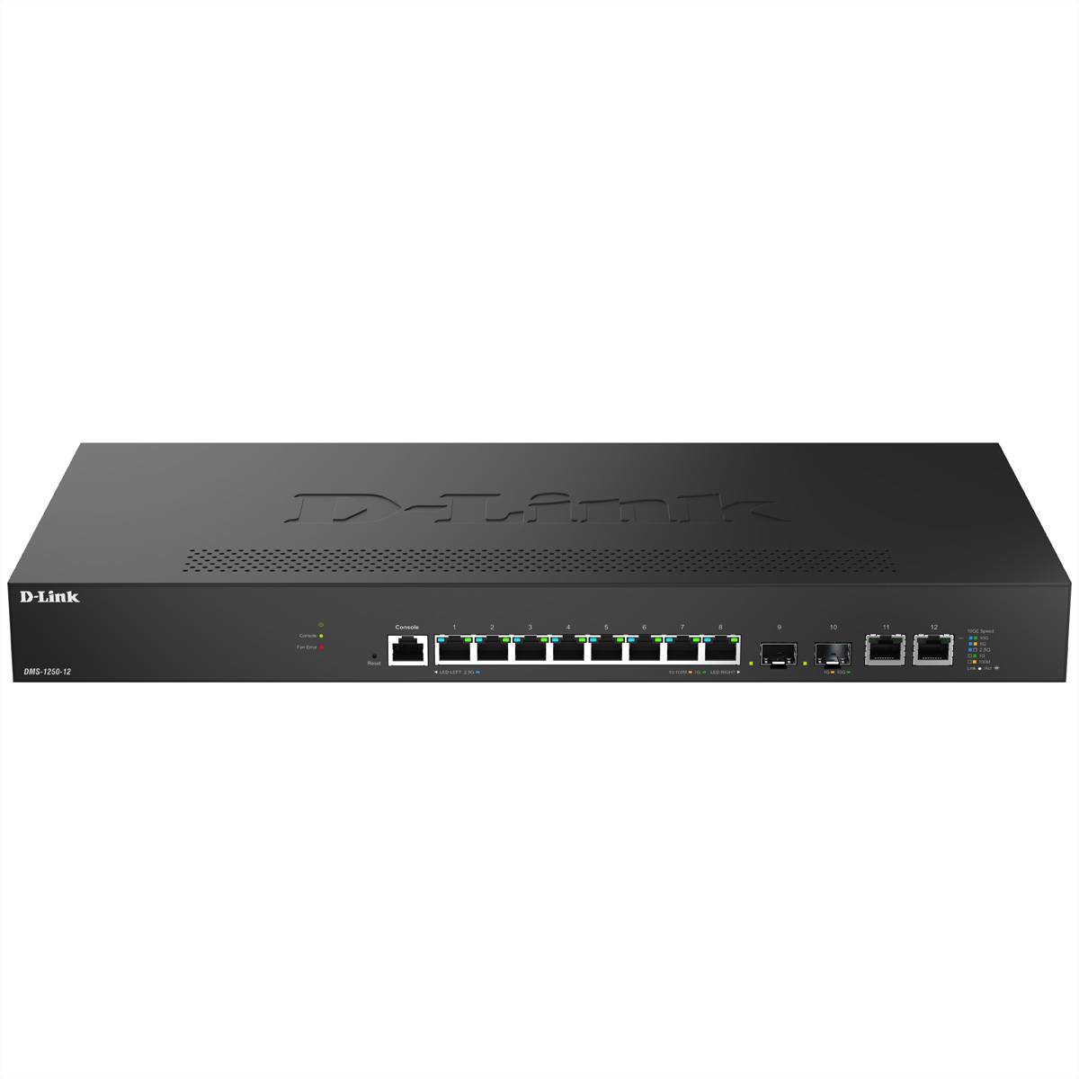 Ein D-Link Netzwerk-Switch mit acht Ethernet-Anschlüssen, zwei SFP-Anschlüssen und LED-Indikatoren für Stromversorgung und Konnektivität auf der Frontplatte.