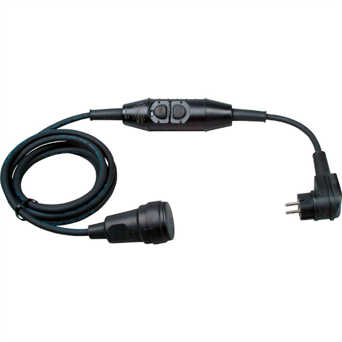 Schwarzes Stromkabel mit Adaptern und Kontrollschalter, mit einem dreipoligen Stecker an einem Ende und einer Buchse am anderen Ende.