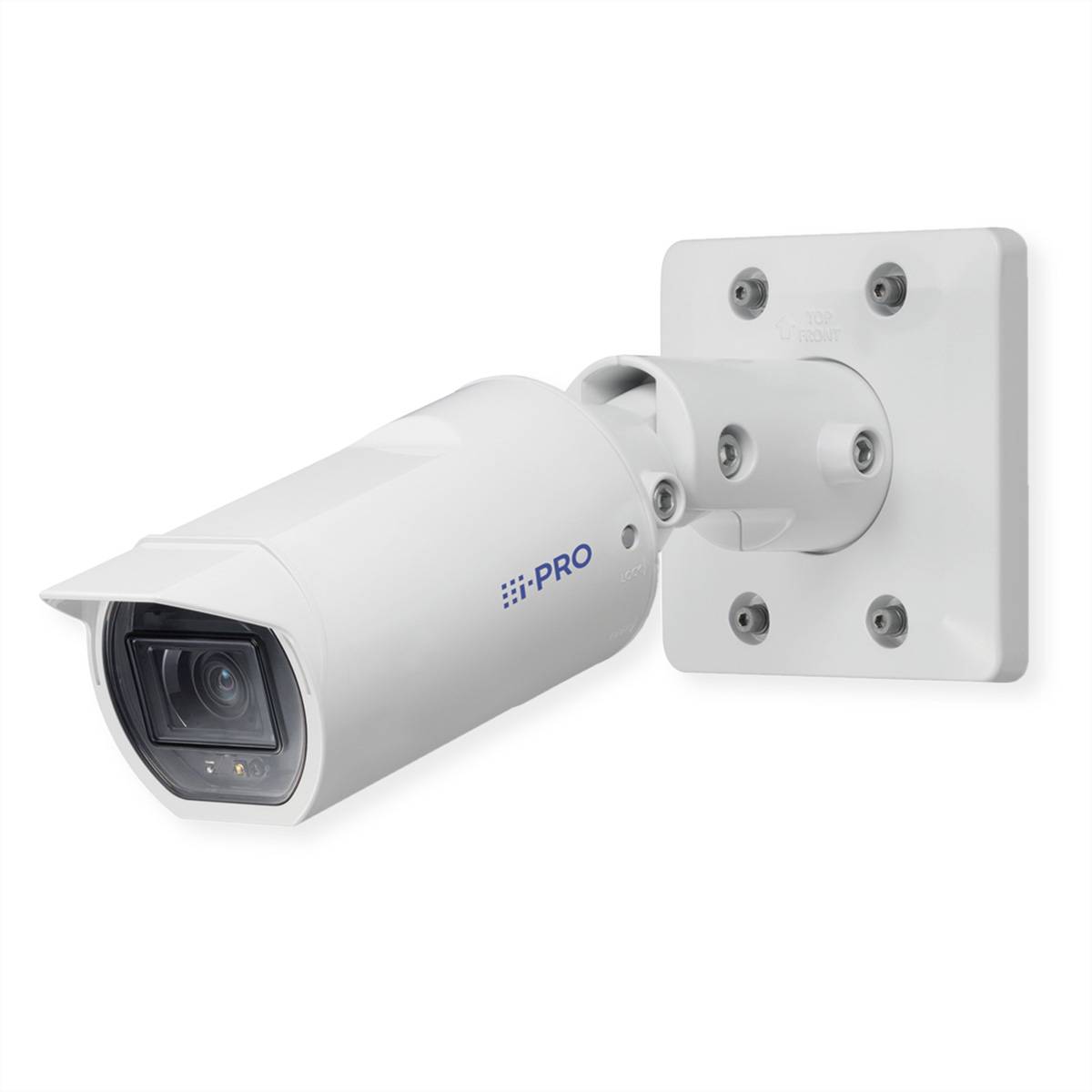 Eine weiße Überwachungskamera an einer Wand montiert, konzipiert für die Außenüberwachung, mit sichtbarer 