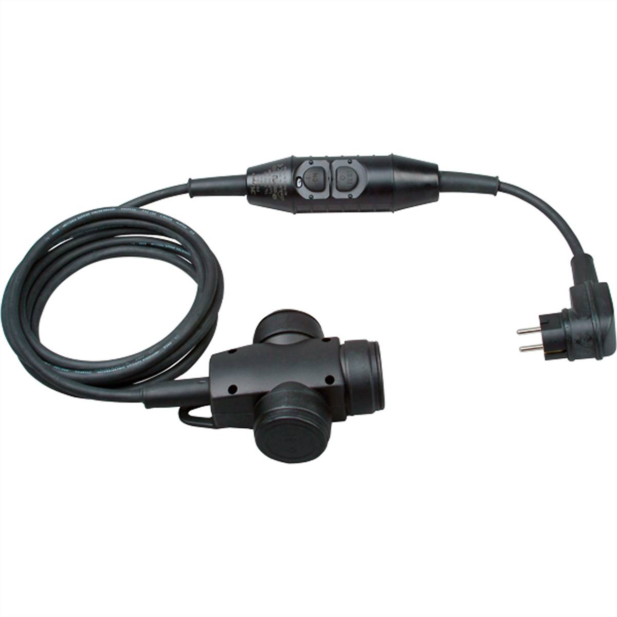 Ein schwarzes Stromkabel mit einem integrierten Schalter und einem dreipoligen Stecker. Der integrierte Schalter verfügt über eine Power-Taste und eine zusätzliche Kontrolltaste.