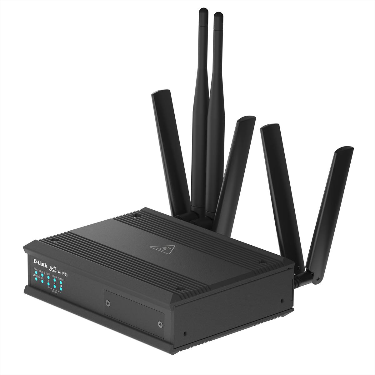 Ein schwarzer kabelloser Router mit vier Antennen und beleuchteten LED-Indikatoren auf der Vorderseite, die Konnektivität und Netzwerkstärke darstellen.