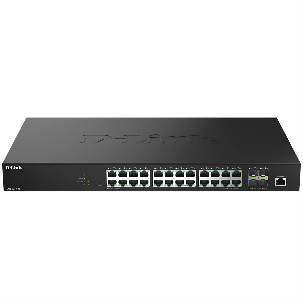 Ein schwarzer D-Link Netzwerk-Switch mit 24 Ethernet-Anschlüssen und LED-Indikatoren auf der Vorderseite, verwendet zur Verwaltung von Netzwerkverbindungen.
