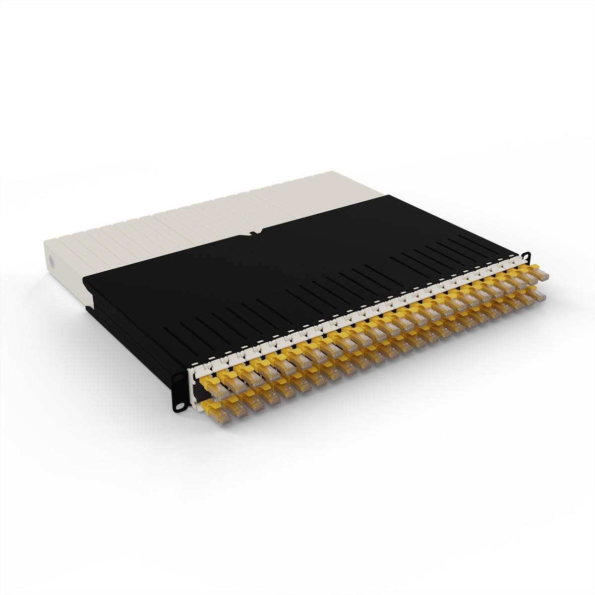 Ein schwarzweißes elektronisches Bauteil mit mehreren gelben Stiften wird vor einem einfachen Hintergrund angezeigt und zeigt die Stiftverbinder.