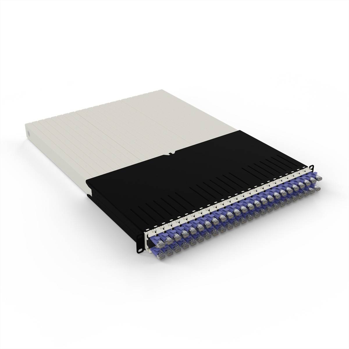 Ein modulares Lichtwellenleiterpatchfeld mit mehreren Anschlussports, das zur Netzwerkorganisation und -verwaltung in Rechenzentren verwendet wird.